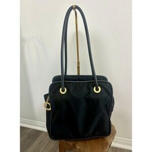 CELINE Vintage Tote Bag Black Nylon & Leather Large Gold Charm Long Straps Zip